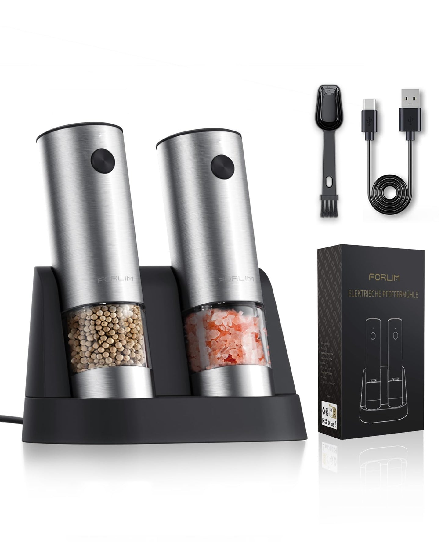 FORLIM 2-Speed Electric Salt And Pepper Grinder Set, External Rotation To Adjust Coarseness, Rechargeable Aluminum Alloy Pepper Mill With Base, One-Button Automatic Grinding, Washable Container