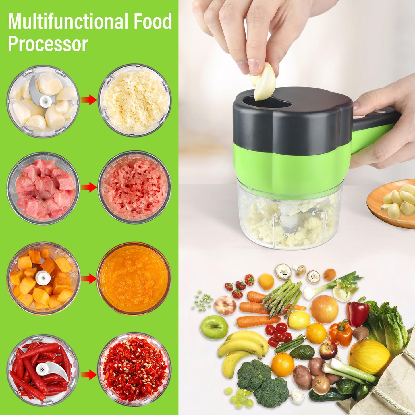 Electric Vegetable Slicer Set Vegetable Cutter 4 in 1 Portable, Rechargeable, Wireless Food Processor & Chopper Machine Mixer Food Slice for Home Kitchen Garlic Pepper Chili Onion Celery Ginger Meat