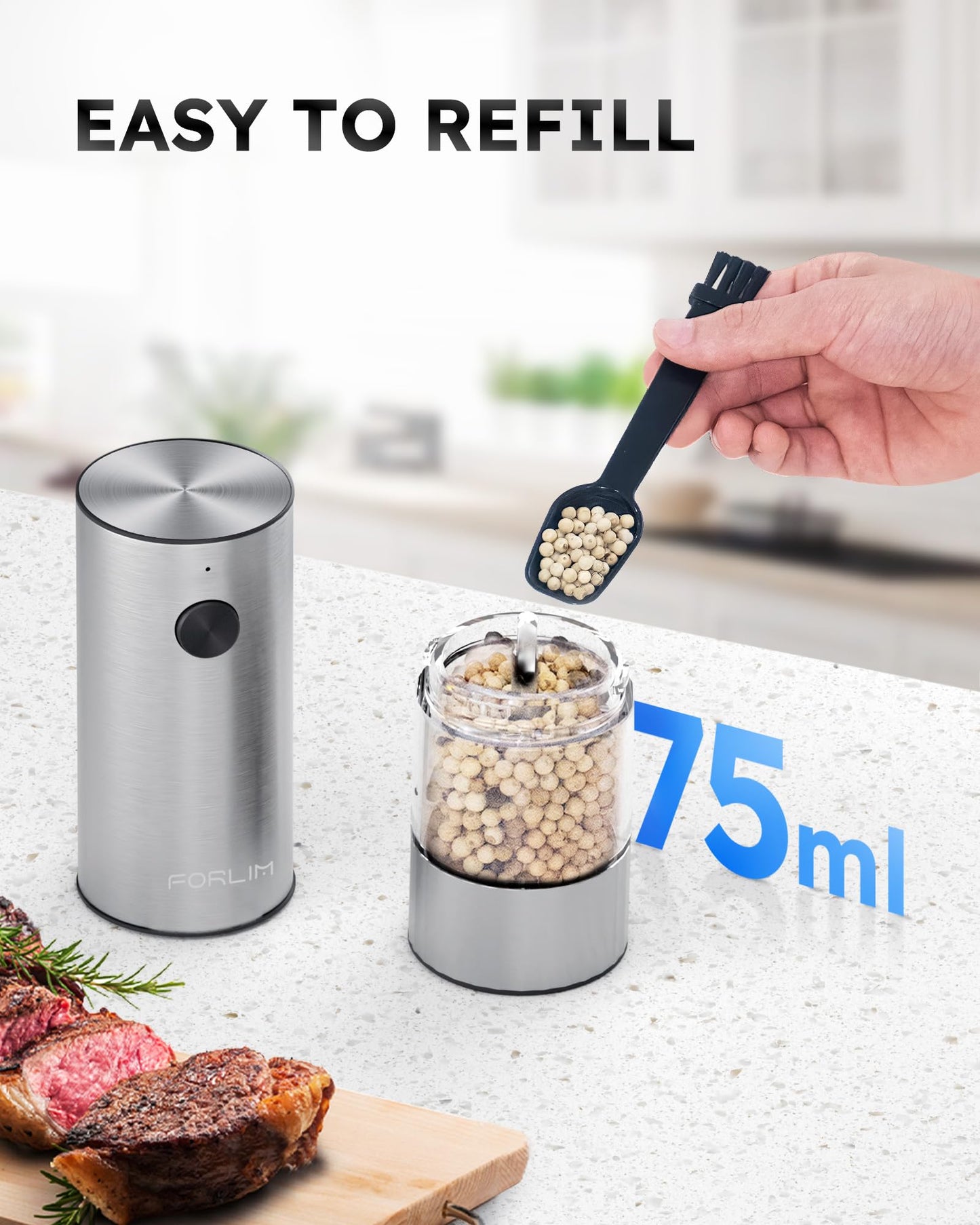 FORLIM 2-Speed Electric Salt And Pepper Grinder Set, External Rotation To Adjust Coarseness, Rechargeable Aluminum Alloy Pepper Mill With Base, One-Button Automatic Grinding, Washable Container