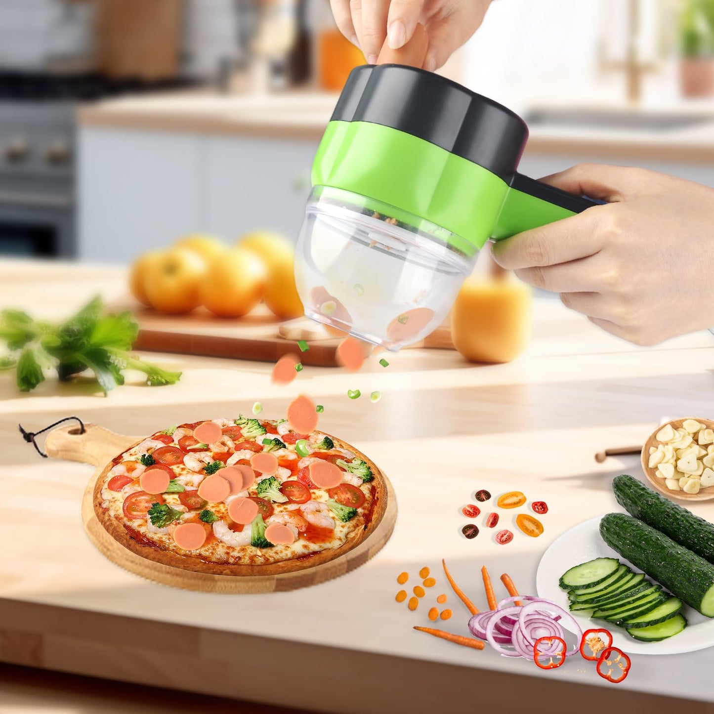 Electric Vegetable Slicer Set Vegetable Cutter 4 in 1 Portable, Rechargeable, Wireless Food Processor & Chopper Machine Mixer Food Slice for Home Kitchen Garlic Pepper Chili Onion Celery Ginger Meat