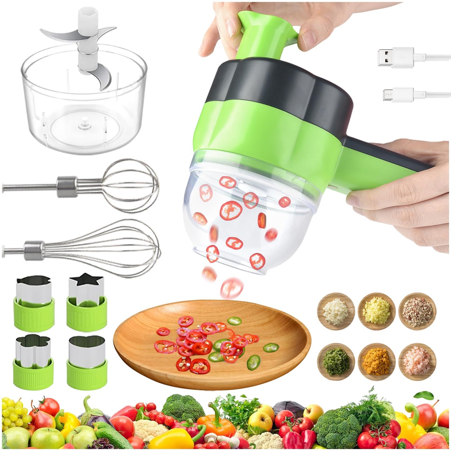 Electric Vegetable Slicer Set Vegetable Cutter 4 in 1 Portable, Rechargeable, Wireless Food Processor & Chopper Machine Mixer Food Slice for Home Kitchen Garlic Pepper Chili Onion Celery Ginger Meat